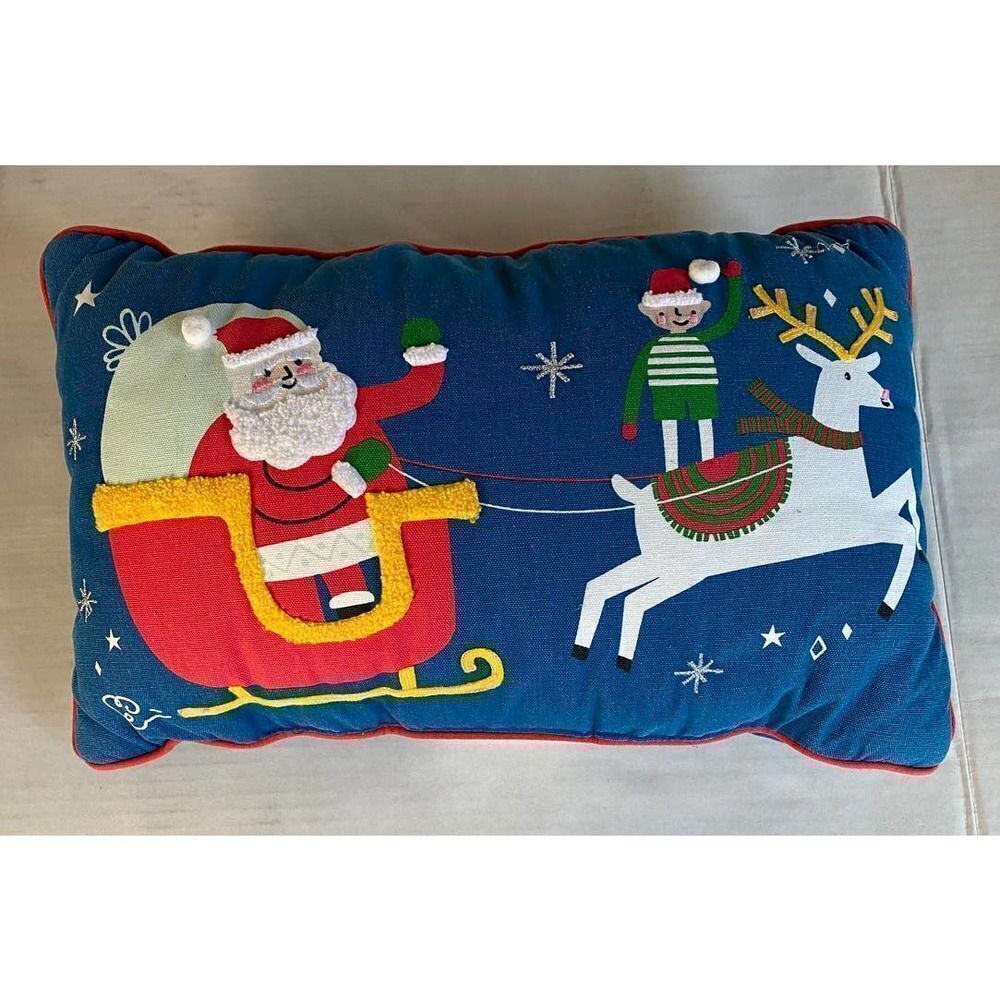 Santa Pillow Holiday Decor Christmas Blue Red Reindeer -- 18" by 11"